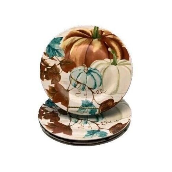 Royal Norfolk Stoneware Dinner Plates 10.5" Pumpkins Fall Design Set Of 2 New - Picture 1 of 4